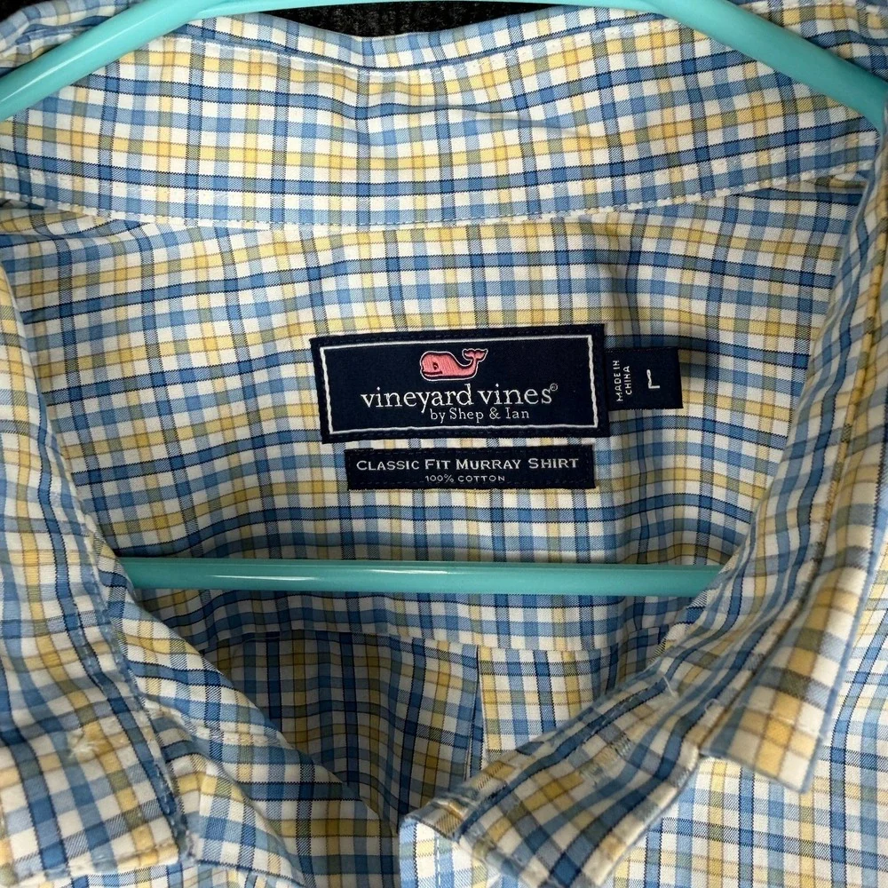 Vineyard Vines Classic Fit Murray Shirt Large Blue Yellow Check‎ Whale Logo